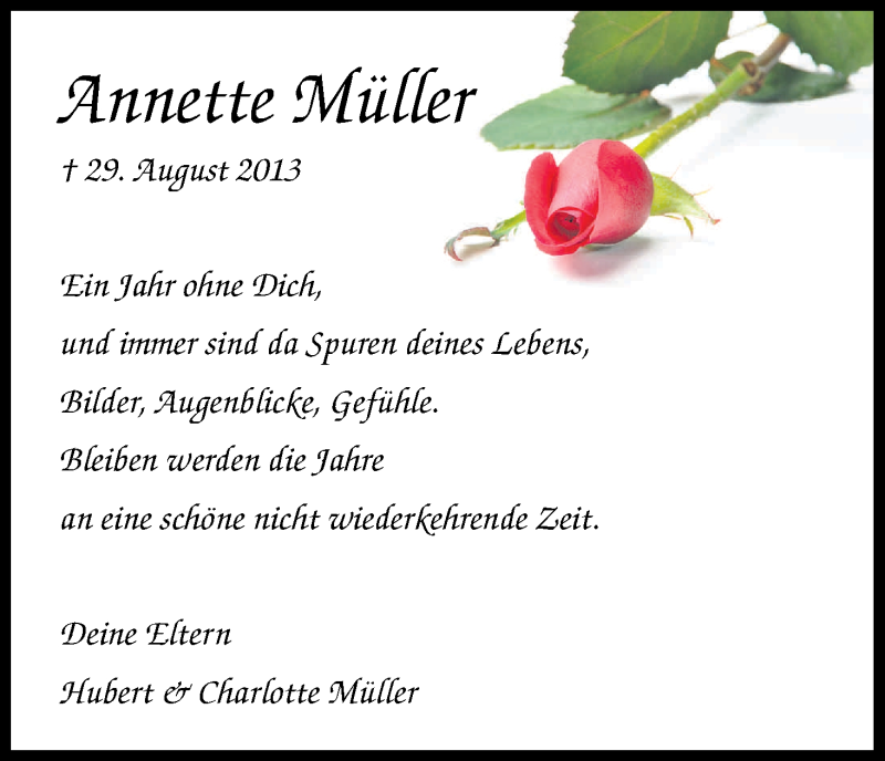  Traueranzeige für Annette Müller vom 29.08.2014 aus Kölner Stadt-Anzeiger / Kölnische Rundschau / Express