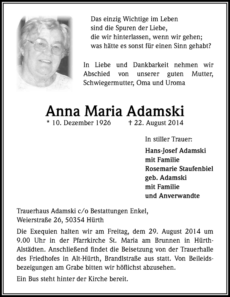  Traueranzeige für Anna Maria Adamski vom 27.08.2014 aus Kölner Stadt-Anzeiger / Kölnische Rundschau / Express