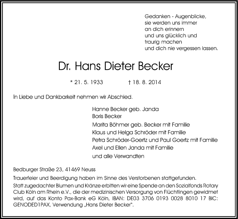  Traueranzeige für Hans Dieter Becker vom 27.08.2014 aus Kölner Stadt-Anzeiger / Kölnische Rundschau / Express