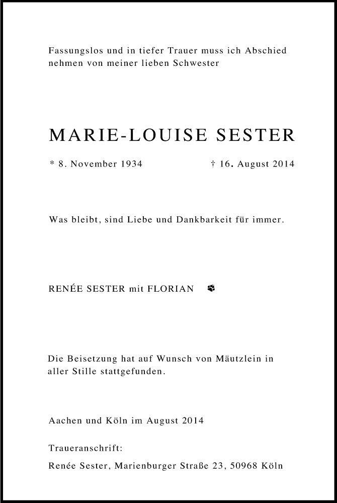  Traueranzeige für Marie-Louise Sester vom 02.09.2014 aus Kölner Stadt-Anzeiger / Kölnische Rundschau / Express