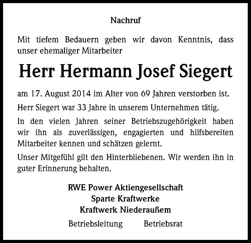  Traueranzeige für Hermann Josef Siegert vom 28.08.2014 aus Kölner Stadt-Anzeiger / Kölnische Rundschau / Express