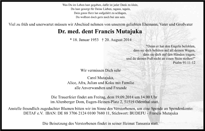  Traueranzeige für Francis Mutajuka vom 27.08.2014 aus Kölner Stadt-Anzeiger / Kölnische Rundschau / Express