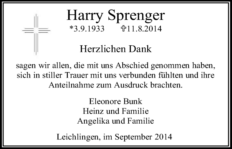  Traueranzeige für Harry Sprenger vom 06.09.2014 aus Kölner Stadt-Anzeiger / Kölnische Rundschau / Express
