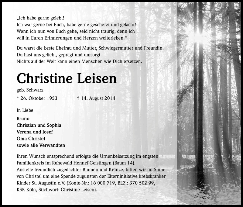  Traueranzeige für Christine Leisen vom 27.08.2014 aus Kölner Stadt-Anzeiger / Kölnische Rundschau / Express