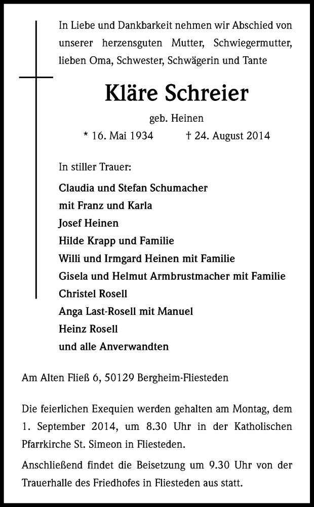  Traueranzeige für Kläre Schreier vom 27.08.2014 aus Kölner Stadt-Anzeiger / Kölnische Rundschau / Express