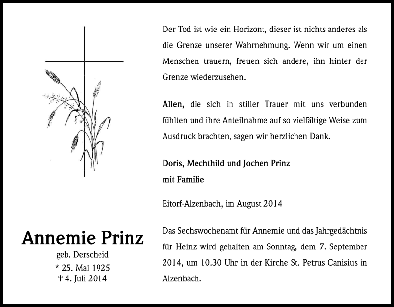  Traueranzeige für Annemie Prinz vom 29.08.2014 aus Kölner Stadt-Anzeiger / Kölnische Rundschau / Express