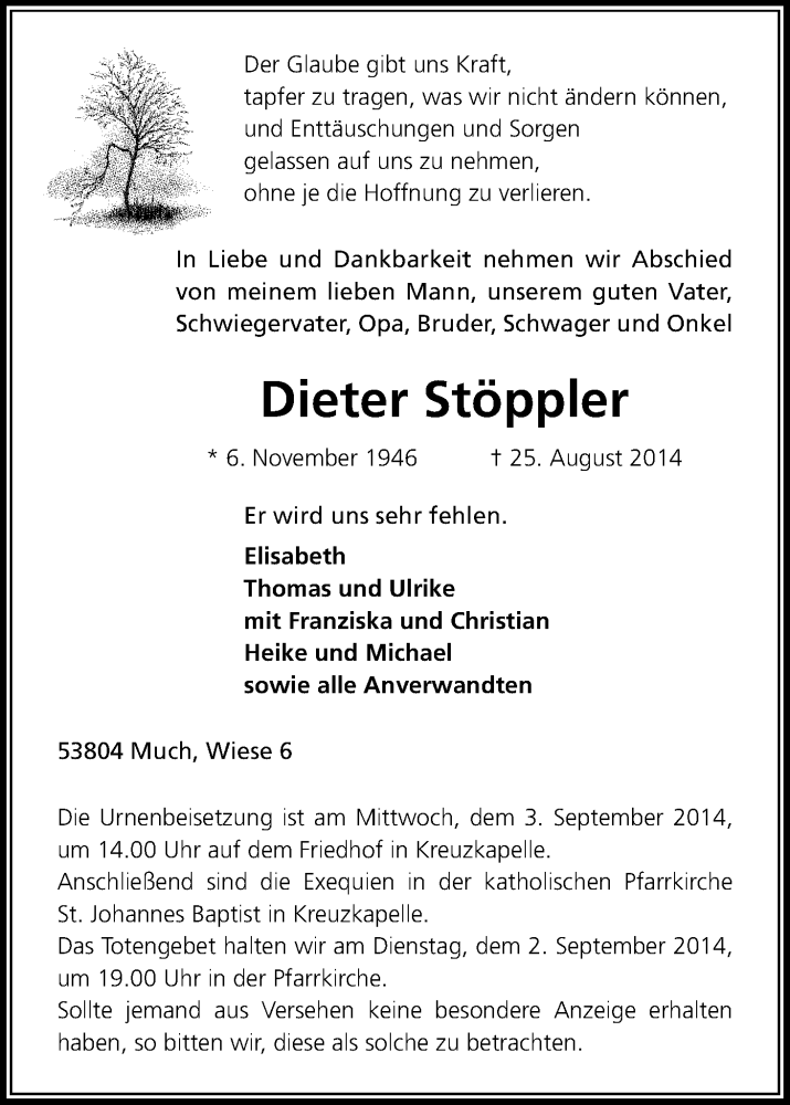  Traueranzeige für Dieter Stöppler vom 29.08.2014 aus Kölner Stadt-Anzeiger / Kölnische Rundschau / Express