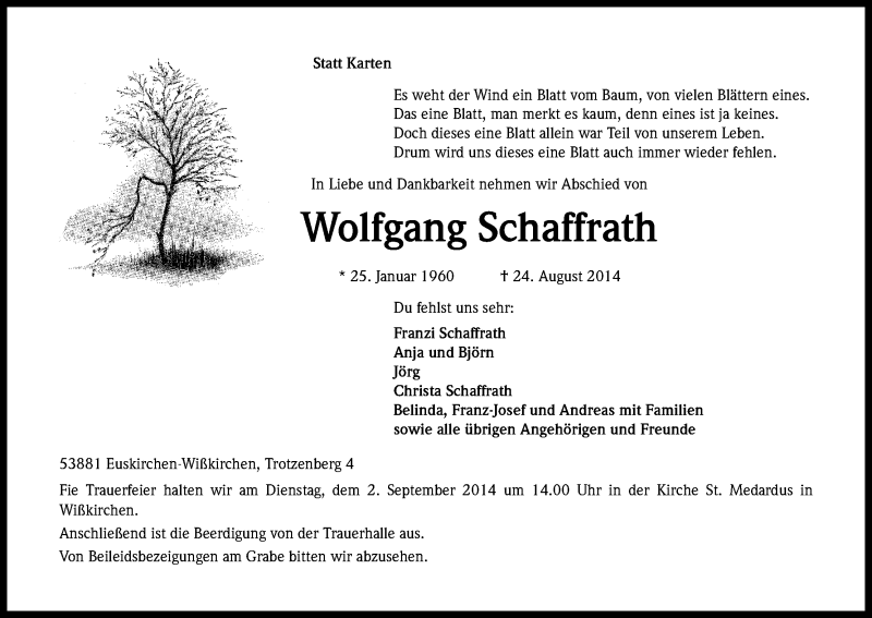  Traueranzeige für Wolfgang Schaffrath vom 28.08.2014 aus Kölner Stadt-Anzeiger / Kölnische Rundschau / Express