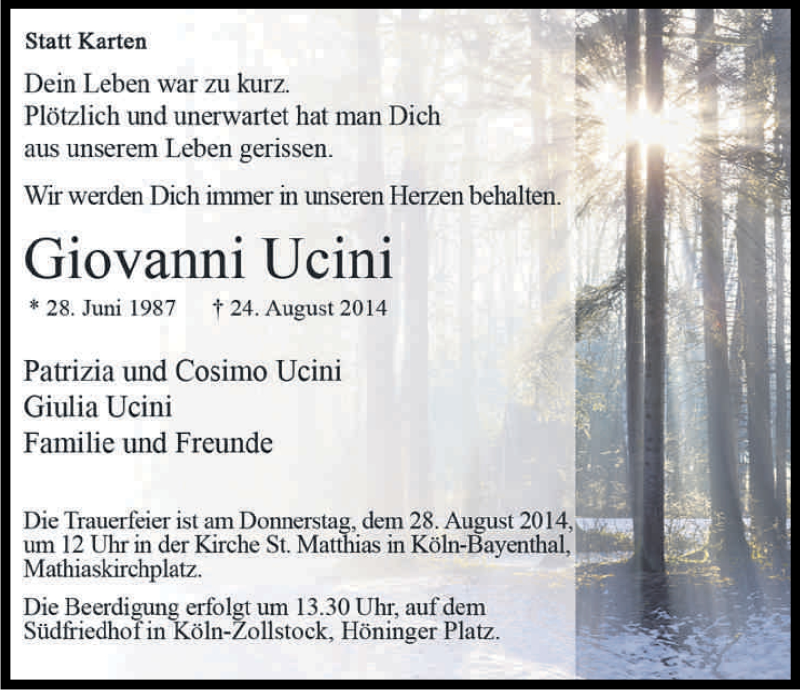  Traueranzeige für Giovanni Ucini vom 27.08.2014 aus Kölner Stadt-Anzeiger / Kölnische Rundschau / Express