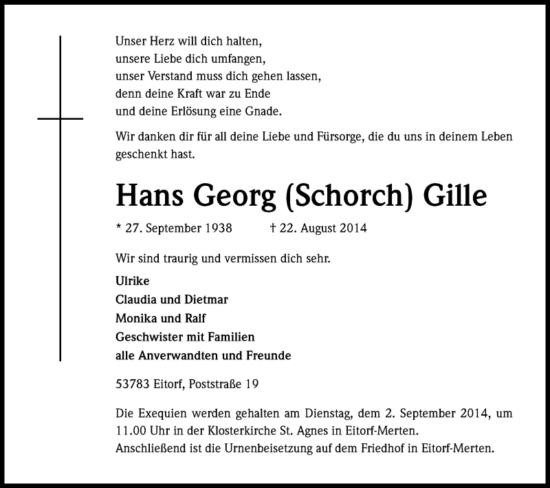  Traueranzeige für Hans Georg Gille vom 29.08.2014 aus Kölner Stadt-Anzeiger / Kölnische Rundschau / Express