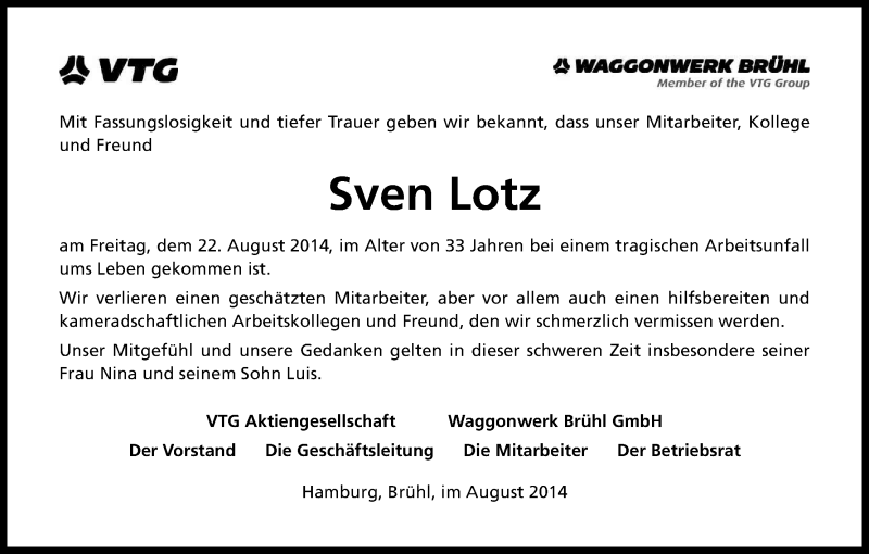  Traueranzeige für Sven Lotz vom 28.08.2014 aus Kölner Stadt-Anzeiger / Kölnische Rundschau / Express