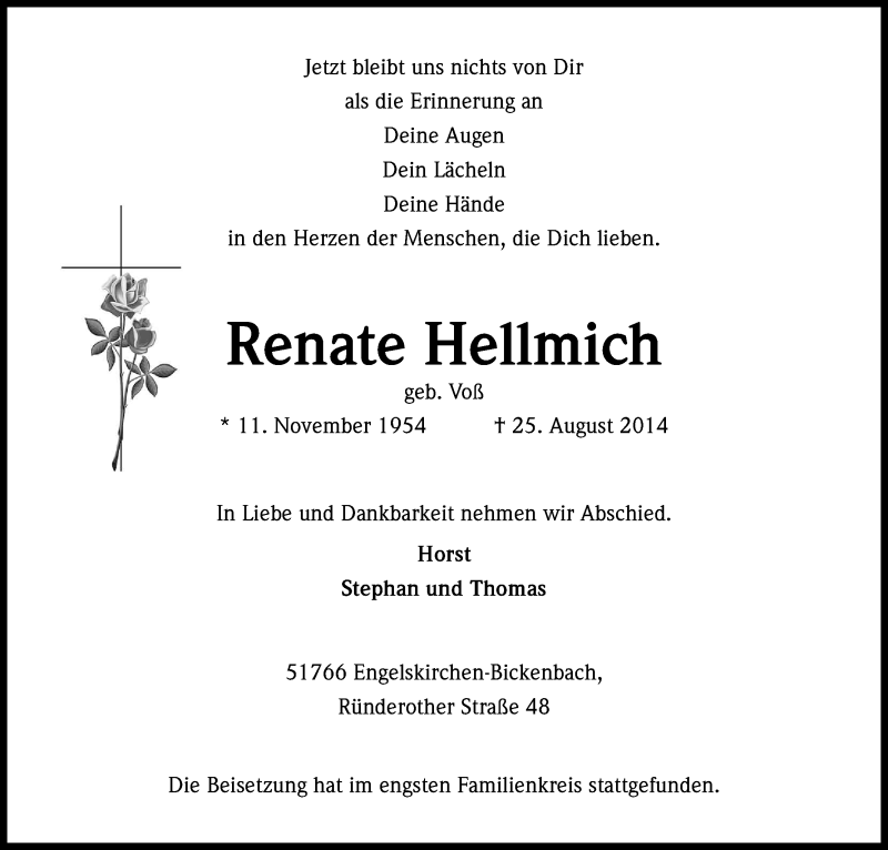  Traueranzeige für Renate Hellmich vom 02.09.2014 aus Kölner Stadt-Anzeiger / Kölnische Rundschau / Express