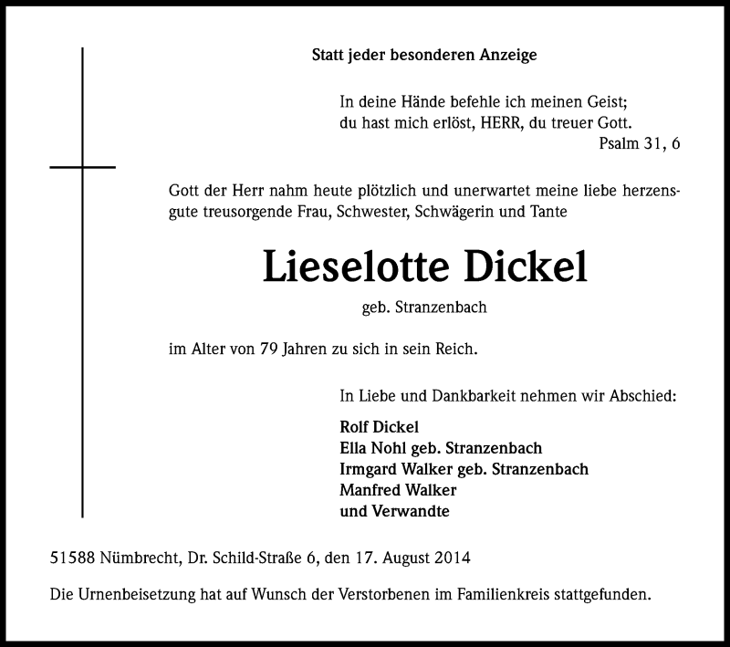  Traueranzeige für Lieselotte Dickel vom 28.08.2014 aus Kölner Stadt-Anzeiger / Kölnische Rundschau / Express