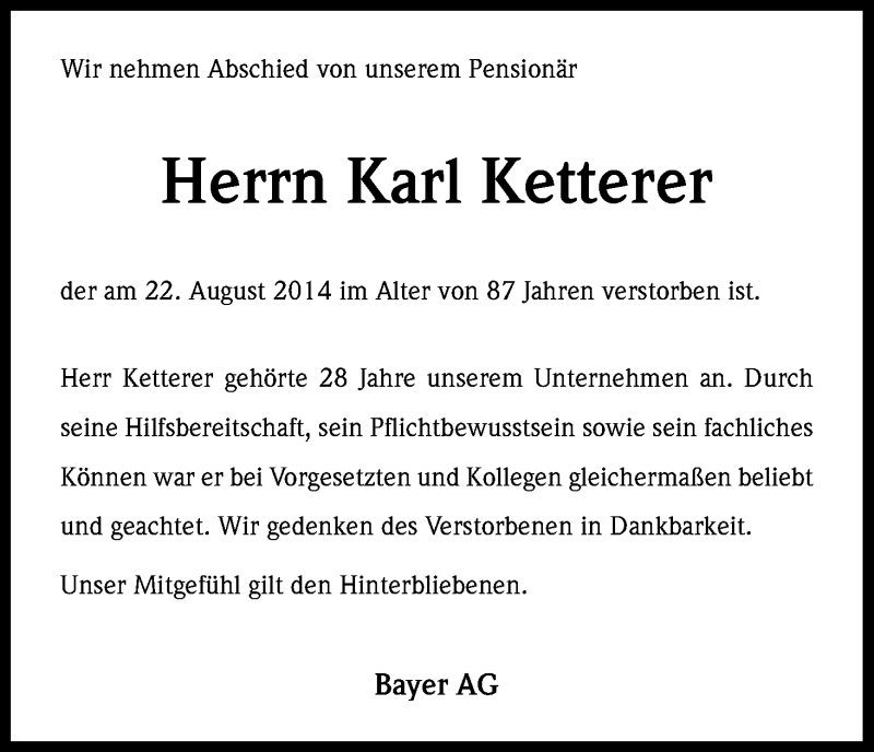  Traueranzeige für Karl Ketterer vom 28.08.2014 aus Kölner Stadt-Anzeiger / Kölnische Rundschau / Express