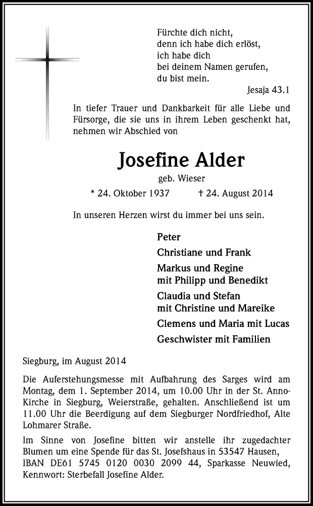  Traueranzeige für Josefine Alder vom 28.08.2014 aus Kölner Stadt-Anzeiger / Kölnische Rundschau / Express