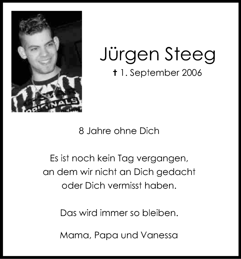  Traueranzeige für Jürgen Steeg vom 01.09.2014 aus Kölner Stadt-Anzeiger / Kölnische Rundschau / Express