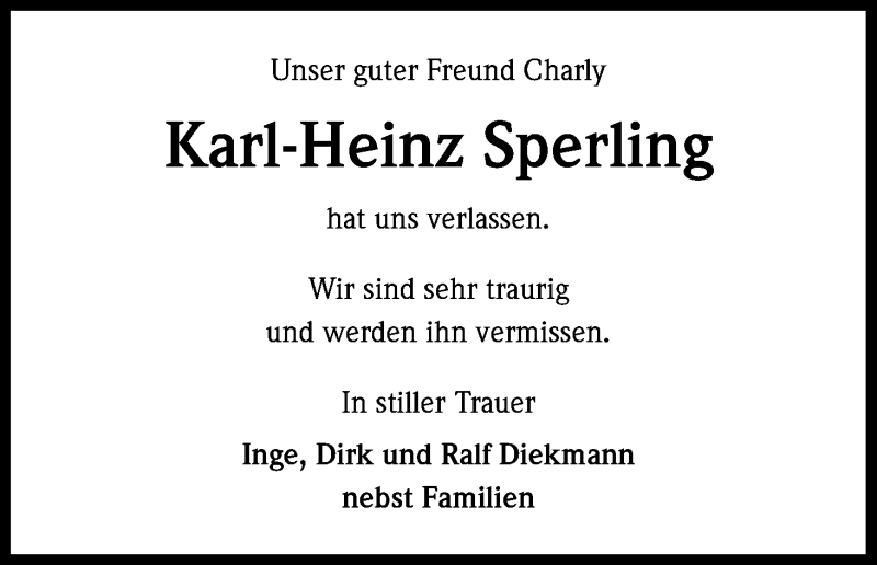  Traueranzeige für Karl-Heinz Sperling vom 29.08.2014 aus Kölner Stadt-Anzeiger / Kölnische Rundschau / Express