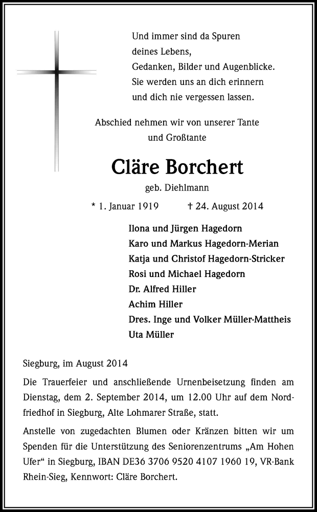  Traueranzeige für Cläre Borchert vom 29.08.2014 aus Kölner Stadt-Anzeiger / Kölnische Rundschau / Express