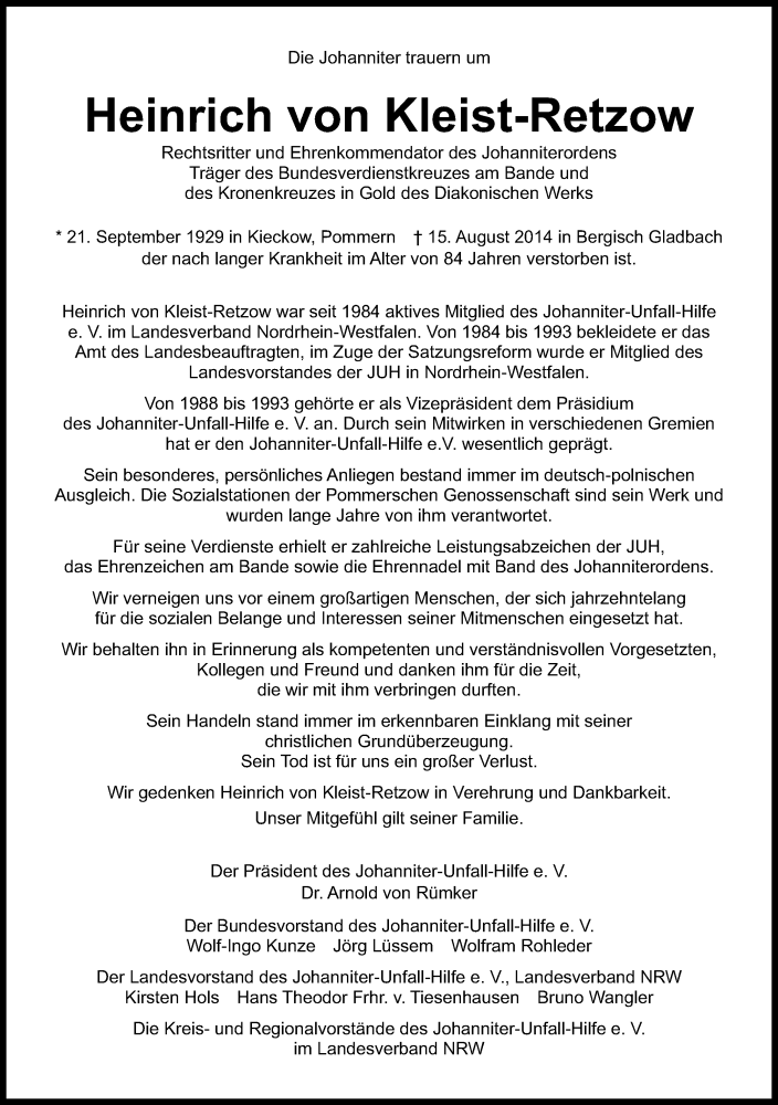  Traueranzeige für Heinrich von Kleist-Retzow vom 29.08.2014 aus Kölner Stadt-Anzeiger / Kölnische Rundschau / Express
