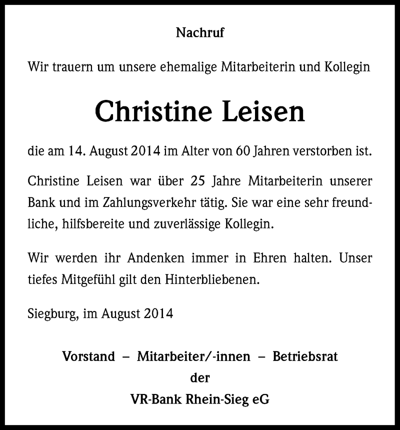  Traueranzeige für Christine Leisen vom 29.08.2014 aus Kölner Stadt-Anzeiger / Kölnische Rundschau / Express