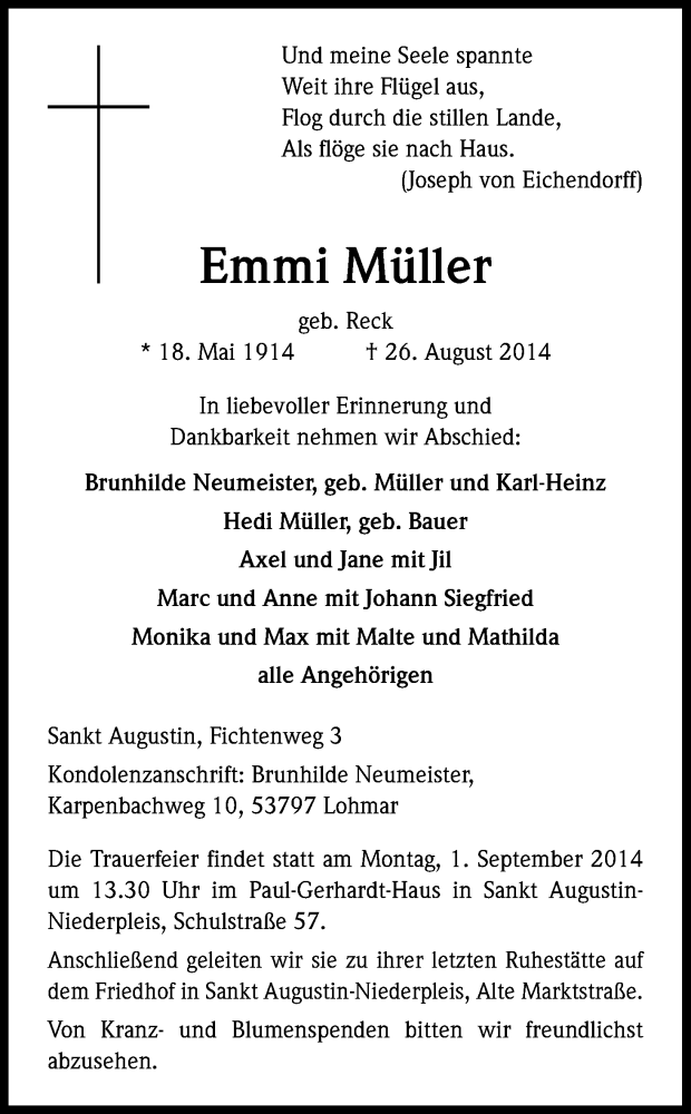  Traueranzeige für Emmi Müller vom 29.08.2014 aus Kölner Stadt-Anzeiger / Kölnische Rundschau / Express