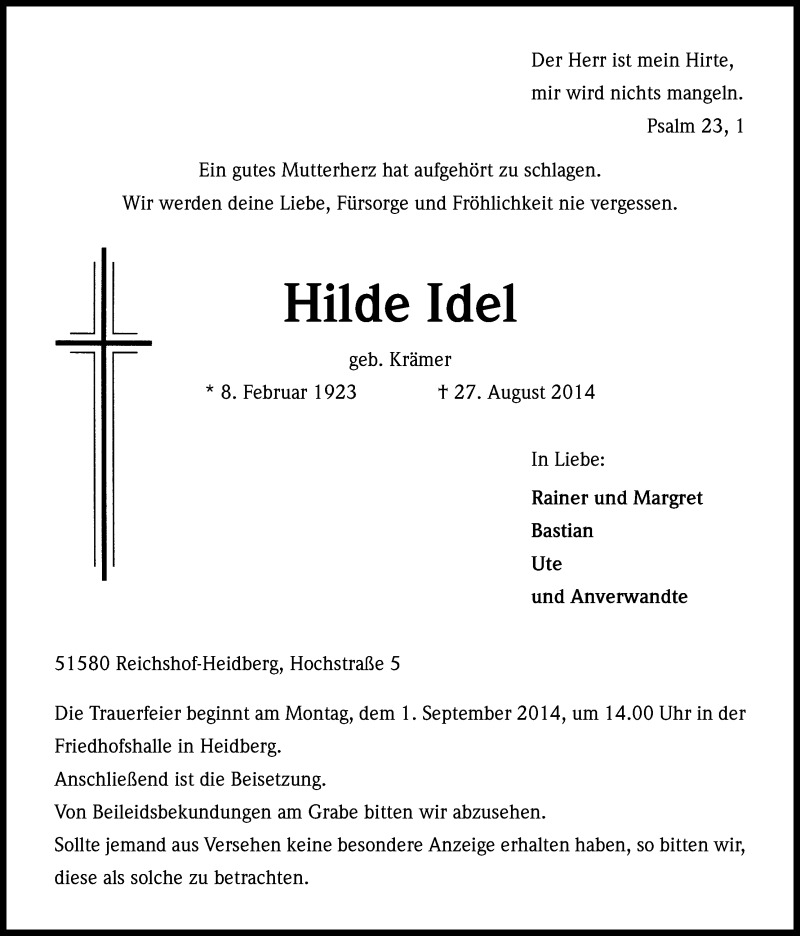  Traueranzeige für Hilde Idel vom 29.08.2014 aus Kölner Stadt-Anzeiger / Kölnische Rundschau / Express