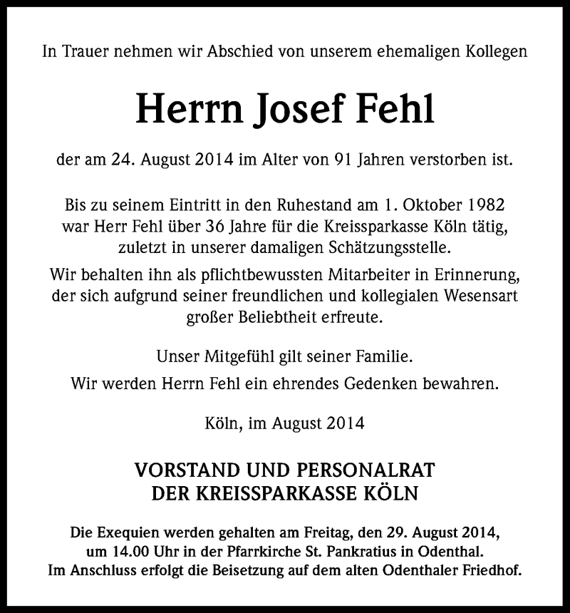  Traueranzeige für Josef Fehl vom 29.08.2014 aus Kölner Stadt-Anzeiger / Kölnische Rundschau / Express