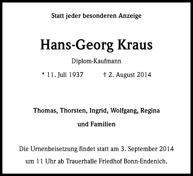  Traueranzeige für Hans-Georg Kraus vom 29.08.2014 aus Kölner Stadt-Anzeiger / Kölnische Rundschau / Express