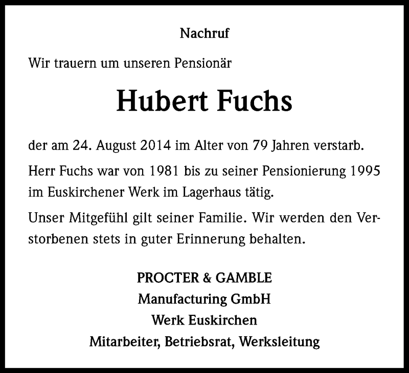  Traueranzeige für Hubert Fuchs vom 29.08.2014 aus Kölner Stadt-Anzeiger / Kölnische Rundschau / Express