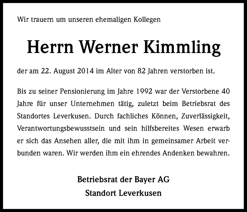  Traueranzeige für Werner Kimmling vom 29.08.2014 aus Kölner Stadt-Anzeiger / Kölnische Rundschau / Express
