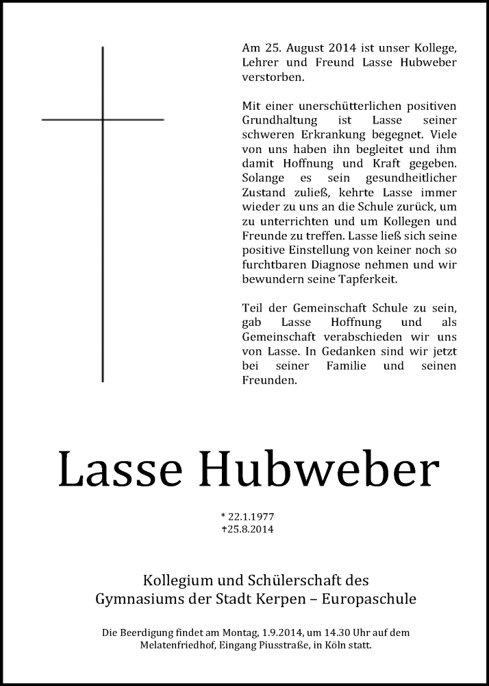  Traueranzeige für Lasse Hubweber vom 30.08.2014 aus Kölner Stadt-Anzeiger / Kölnische Rundschau / Express