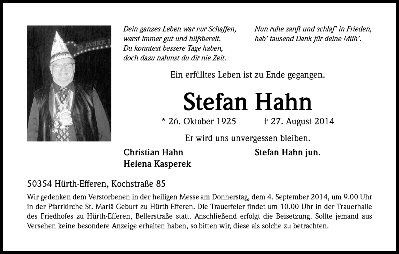  Traueranzeige für Stefan Hahn vom 30.08.2014 aus Kölner Stadt-Anzeiger / Kölnische Rundschau / Express
