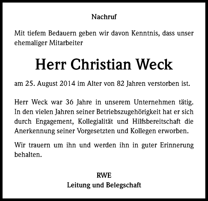  Traueranzeige für Christian Weck vom 02.09.2014 aus Kölner Stadt-Anzeiger / Kölnische Rundschau / Express