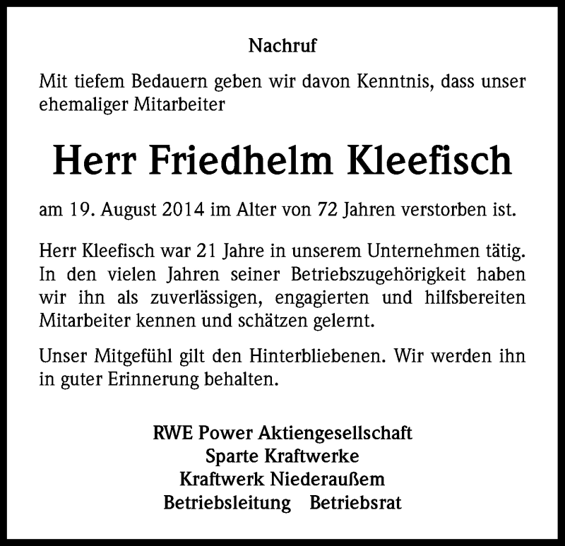  Traueranzeige für Friedhelm Kleefisch vom 01.09.2014 aus Kölner Stadt-Anzeiger / Kölnische Rundschau / Express