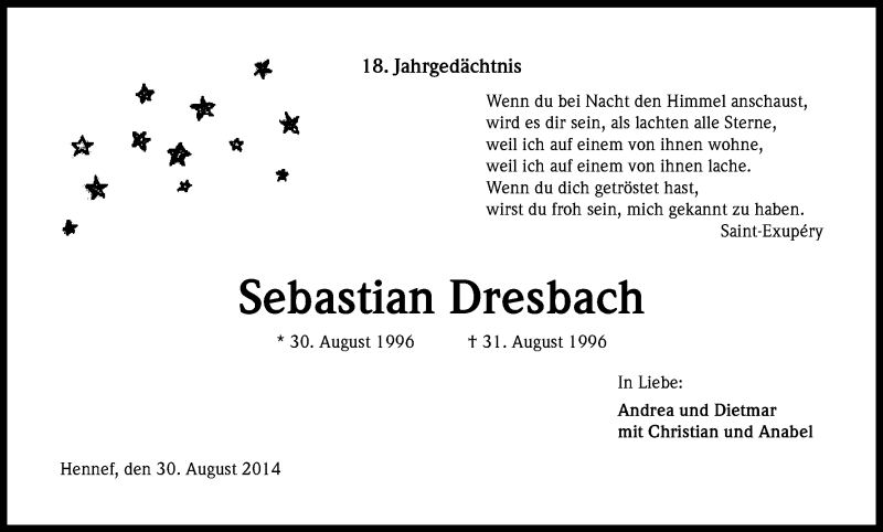  Traueranzeige für Sebastian Dresbach vom 30.08.2014 aus Kölner Stadt-Anzeiger / Kölnische Rundschau / Express