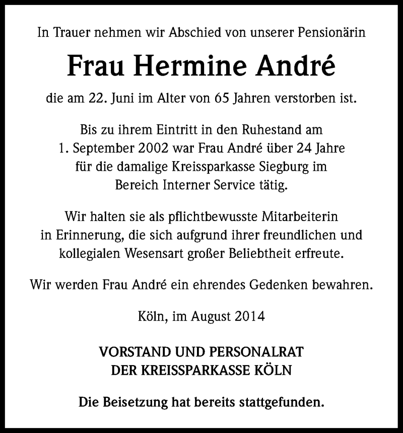  Traueranzeige für Hermine André vom 01.09.2014 aus Kölner Stadt-Anzeiger / Kölnische Rundschau / Express