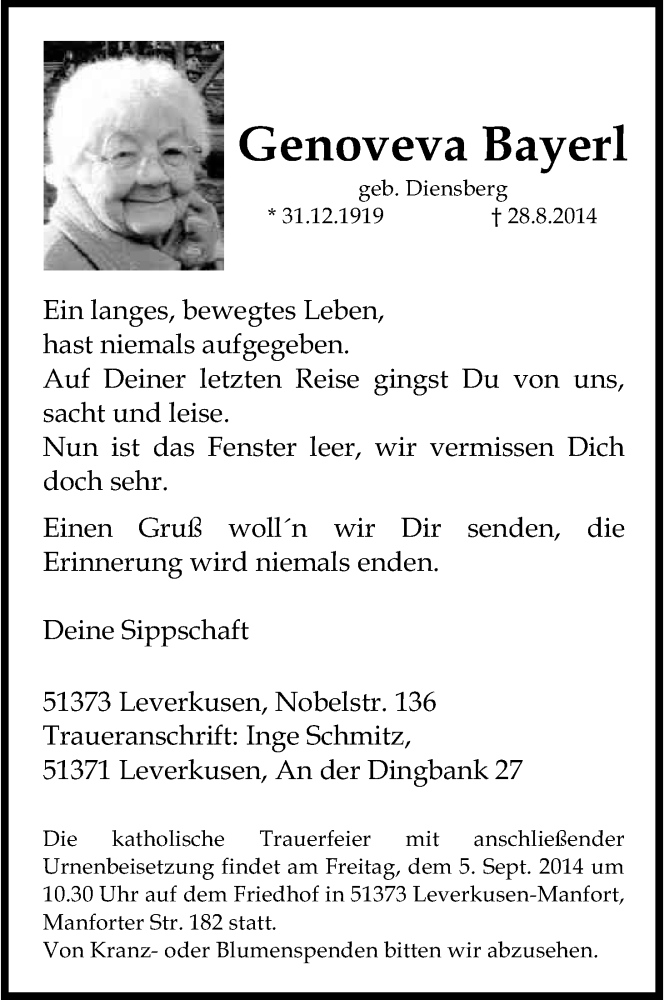  Traueranzeige für Genoveva Bayerl vom 01.09.2014 aus Kölner Stadt-Anzeiger / Kölnische Rundschau / Express