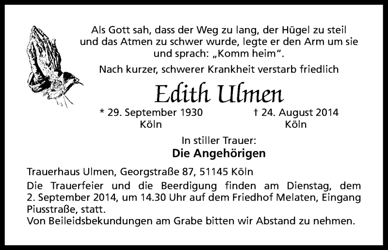  Traueranzeige für Edith Ulmen vom 01.09.2014 aus Kölner Stadt-Anzeiger / Kölnische Rundschau / Express
