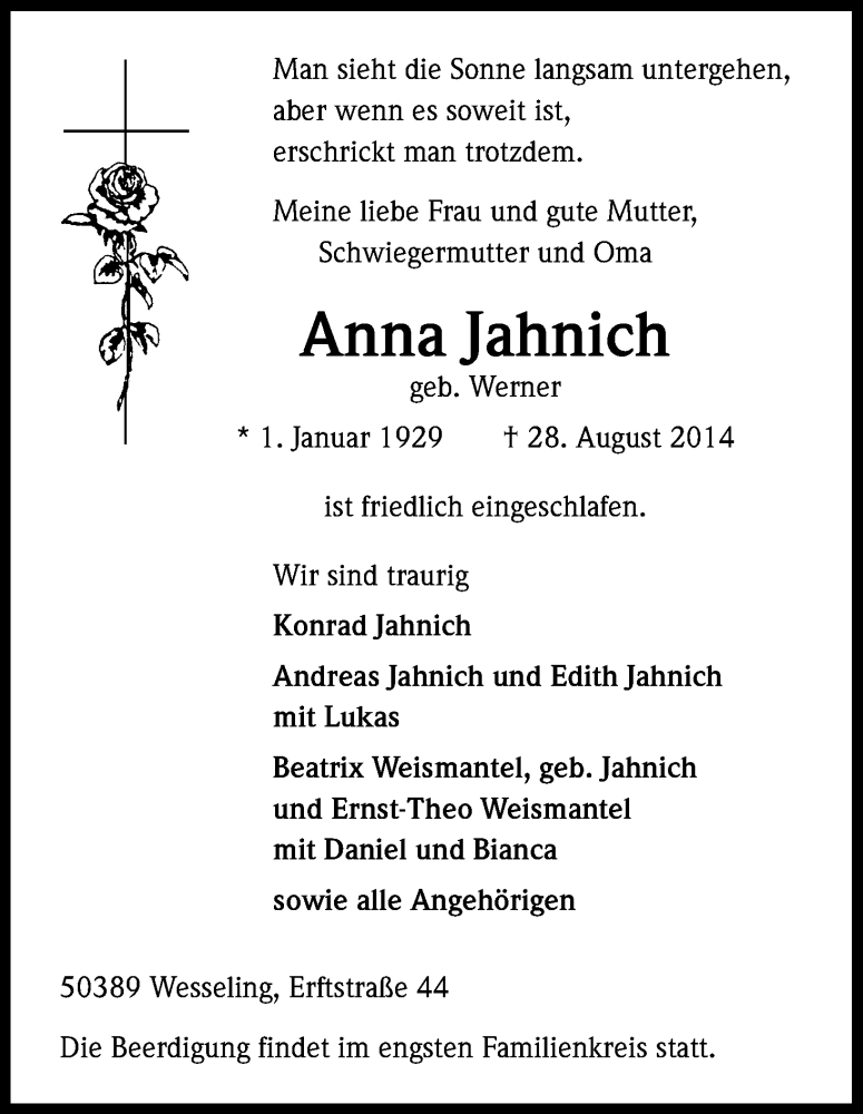  Traueranzeige für Anna Jahnich vom 01.09.2014 aus Kölner Stadt-Anzeiger / Kölnische Rundschau / Express