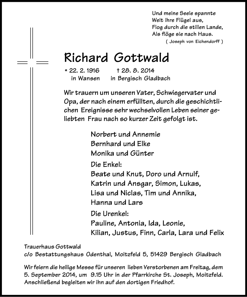  Traueranzeige für Richard Gottwald vom 01.09.2014 aus Kölner Stadt-Anzeiger / Kölnische Rundschau / Express