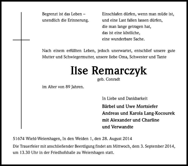  Traueranzeige für Ilse Remarczyk vom 01.09.2014 aus Kölner Stadt-Anzeiger / Kölnische Rundschau / Express
