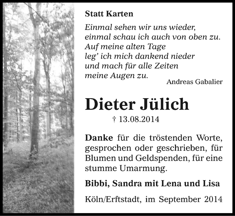  Traueranzeige für Dieter Jülich vom 06.09.2014 aus Kölner Stadt-Anzeiger / Kölnische Rundschau / Express