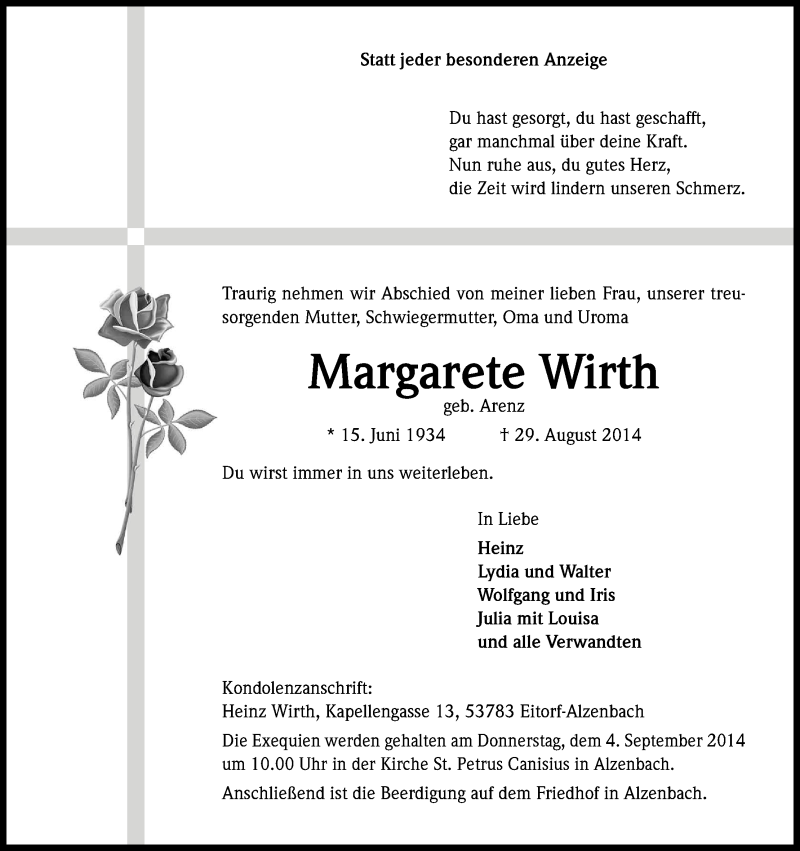 Traueranzeige für Margarete Wirth vom 01.09.2014 aus Kölner Stadt-Anzeiger / Kölnische Rundschau / Express