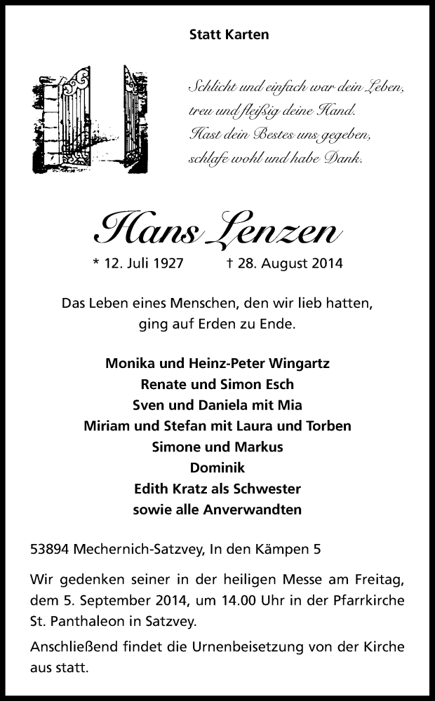 Traueranzeige für Hans Lenzen vom 02.09.2014 aus Kölner Stadt-Anzeiger / Kölnische Rundschau / Express