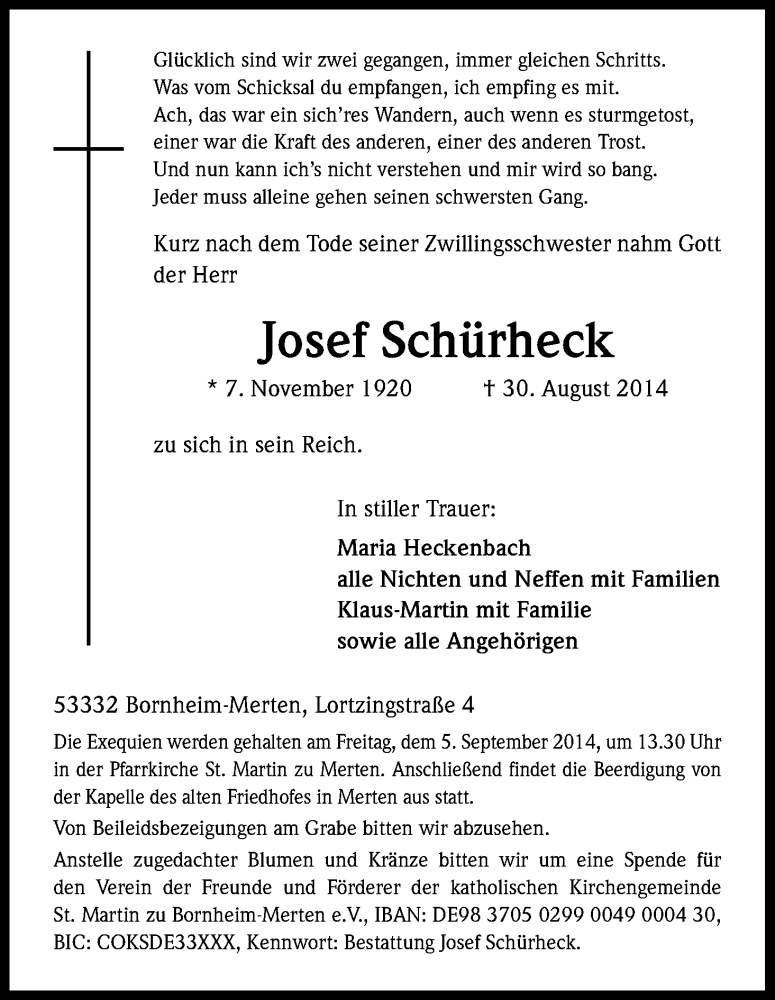  Traueranzeige für Josef Schürheck vom 02.09.2014 aus Kölner Stadt-Anzeiger / Kölnische Rundschau / Express