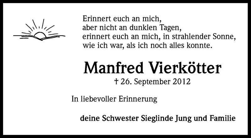  Traueranzeige für Manfred Vierkötter vom 26.09.2014 aus Kölner Stadt-Anzeiger / Kölnische Rundschau / Express