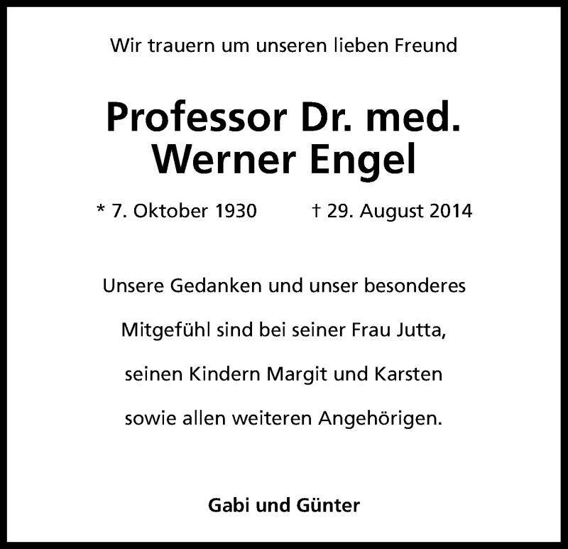  Traueranzeige für Werner Engel vom 06.09.2014 aus Kölner Stadt-Anzeiger / Kölnische Rundschau / Express