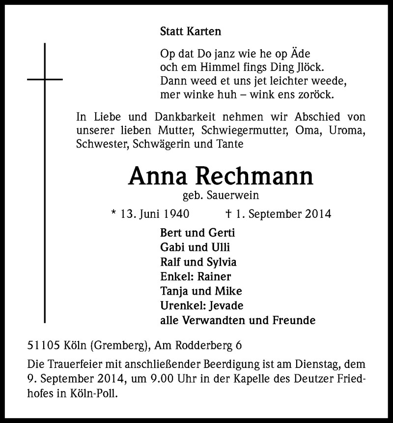  Traueranzeige für Anna Rechmann vom 06.09.2014 aus Kölner Stadt-Anzeiger / Kölnische Rundschau / Express