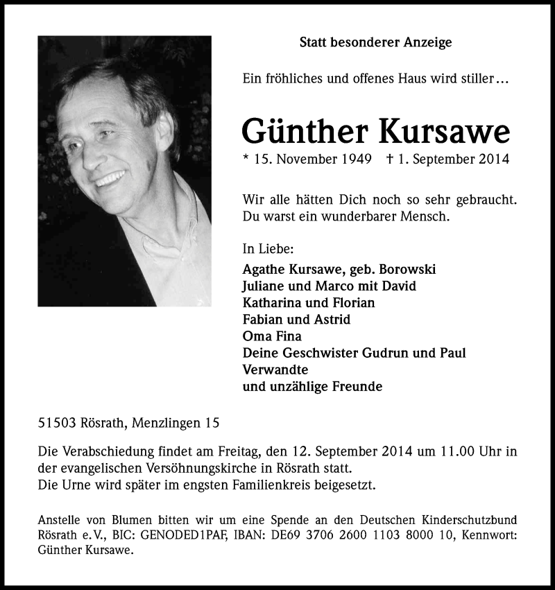 Traueranzeige für Günther  Kursawe vom 06.09.2014 aus Kölner Stadt-Anzeiger / Kölnische Rundschau / Express
