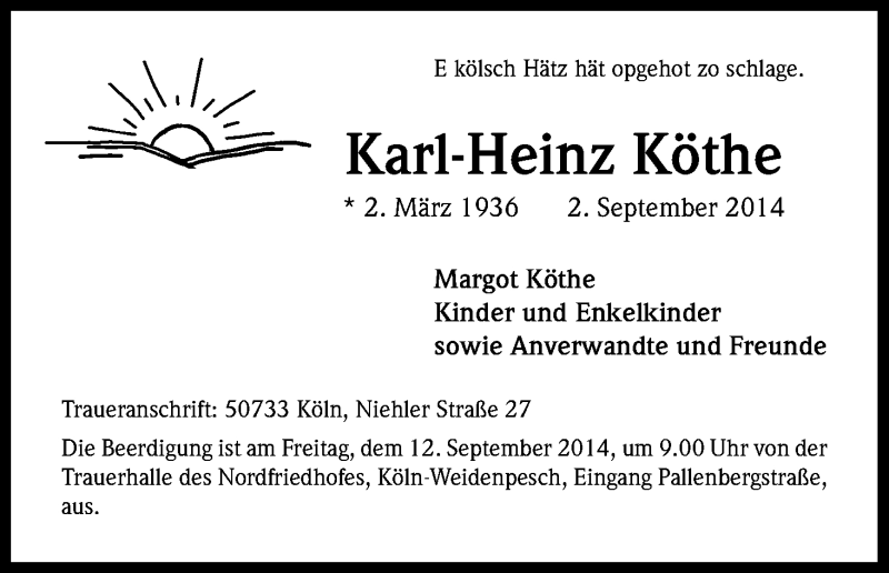  Traueranzeige für Karl-Heinz Köthe vom 06.09.2014 aus Kölner Stadt-Anzeiger / Kölnische Rundschau / Express